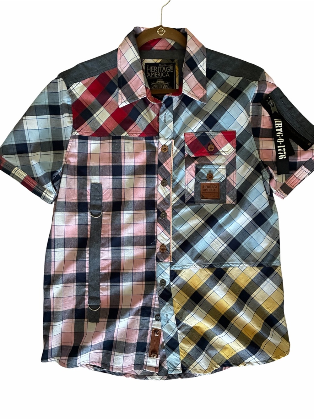 Heritage America 1776 Denim Distillery Color Block Shirt Distressed L